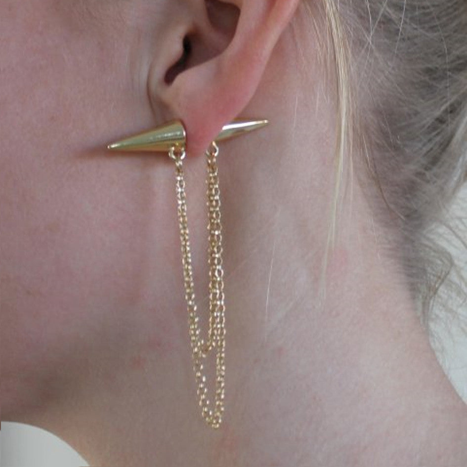 Dobbelt spike ørering med kæder guld