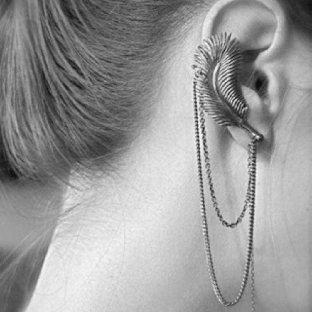 Fjer ear cuff med kæder