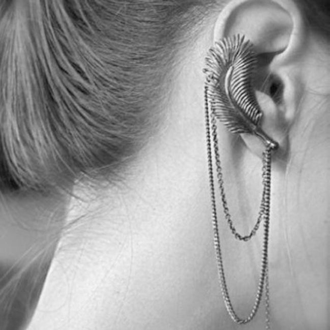 Fjer ear cuff med kæder