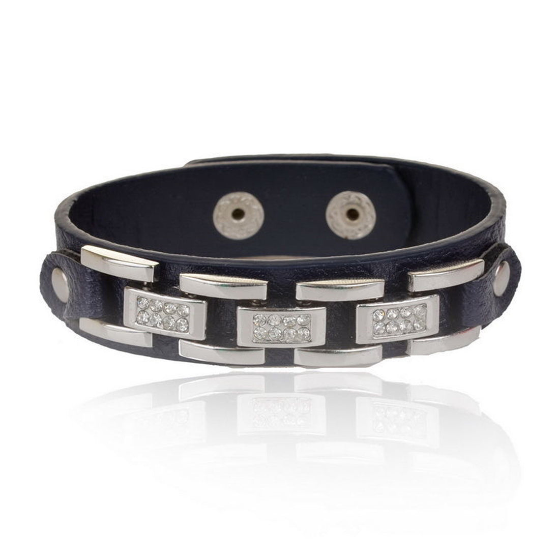 Sort læder rem og sølv diamant kæde armbånd