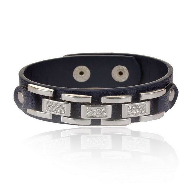 Sort læder rem og sølv diamant kæde armbånd
