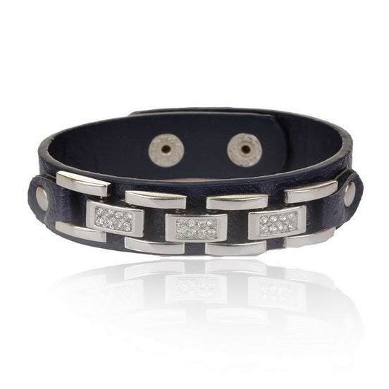 Sort læder rem og sølv diamant kæde armbånd