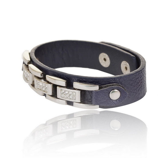 Sort læder rem og sølv diamant kæde armbånd
