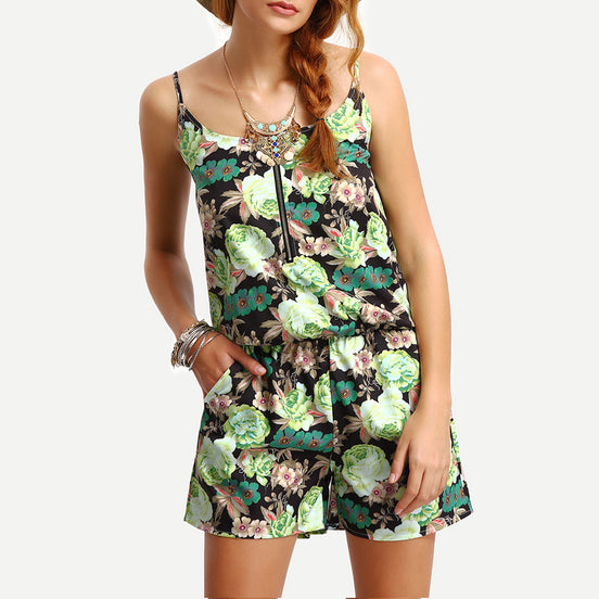 Kort blomstret jumpsuit med spaghetti stropper