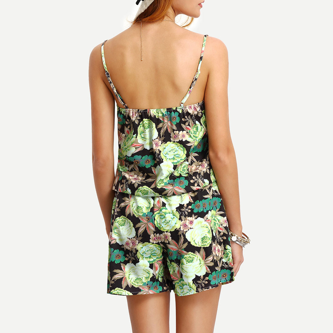 Kort blomstret jumpsuit med spaghetti stropper