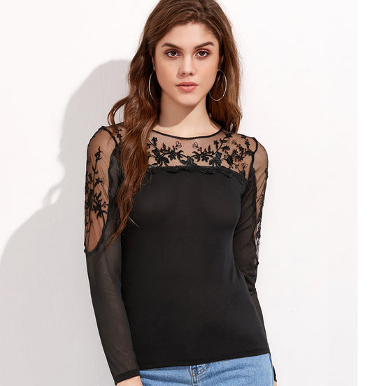 Sort langærmet blonde bluse i mesh stof